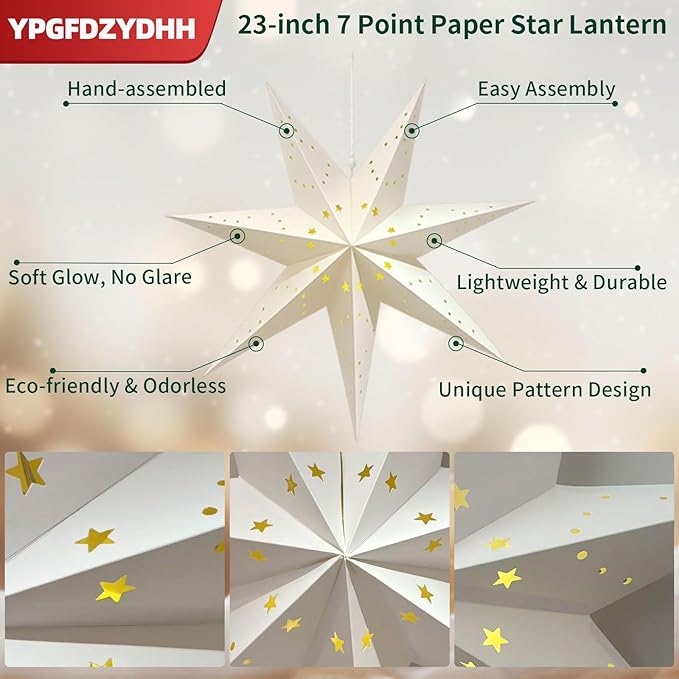 3 Pack 23" Paper Star Lantern with LED Lights, 7-Point Hanging Star Light for Christmas Advent Wedding Birthday–Classic White 3D Paper Lantern with Remote for Indoor Outdoor Decor
