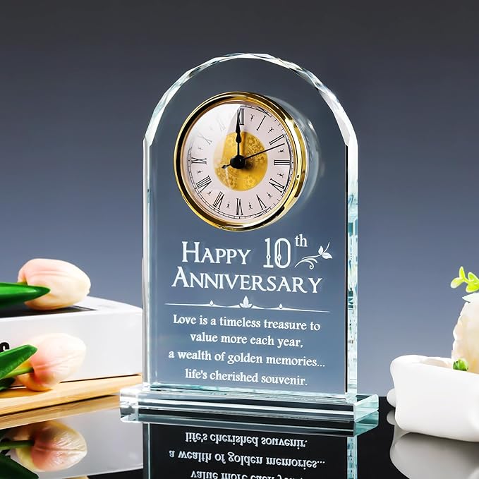 YWHL 10 Year Anniversary Clock Gifts for Her, 10th Wedding Anniversary Glass Keepsake Gift for Couple (Battery not Included