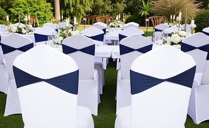 VDS Pack of 100 PCS | Navy Blue | Spandex Chair Sashes Bows Without Buckle | Stretch Elastic Banquet Universal Folding Chair Band Tie with for Wedding Party Conference Celebration Event Decoration