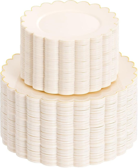 supernal 100pcs Ivory Plastic Plates,Gold Scalloped Disposable Plates,Heavy Duty Plastic Plate Including 50pcs Ivory Dinner & Dessert Plate,Fancy Disposable Platos Perfect for Party,Wedding,Birthday