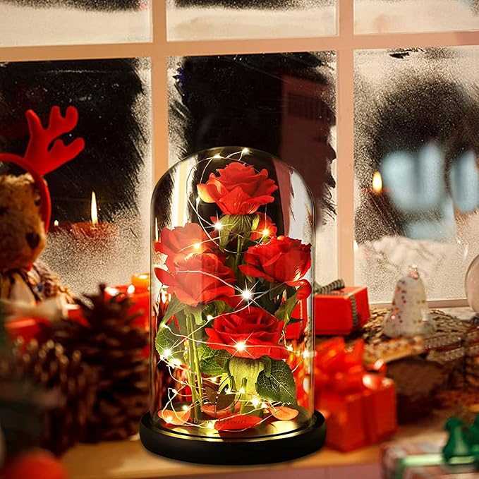 Valentines Day Rose Gifts for Women,Beauty and Beast Rose in Glass Dome with LED Light,Glass Rose Flower Gifts for Her Valentines Birthday Gifts for Women Mom Wife Girlfriend Friend Forever Red Rose