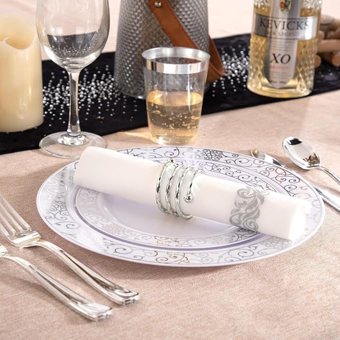 LIYH 700 Pcs Silver Plastic Disposable Dinnerware Set for 100 Guests - Plastic Plates for Party Includes Disposable Plates, Cups, Wedding Napkins and Cutlery Elegant White & Silver