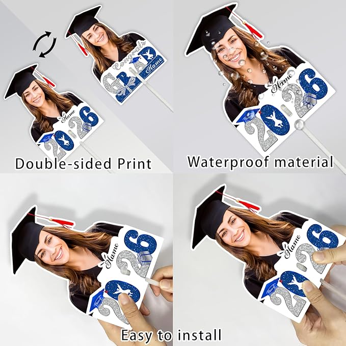 Personalized Graduation Face Fan 2026 Grade Custom Double Sided Face Cutout Fan with Handle Photo Booth Prop Party Supplies(B-Blue and Silver,12pcs)