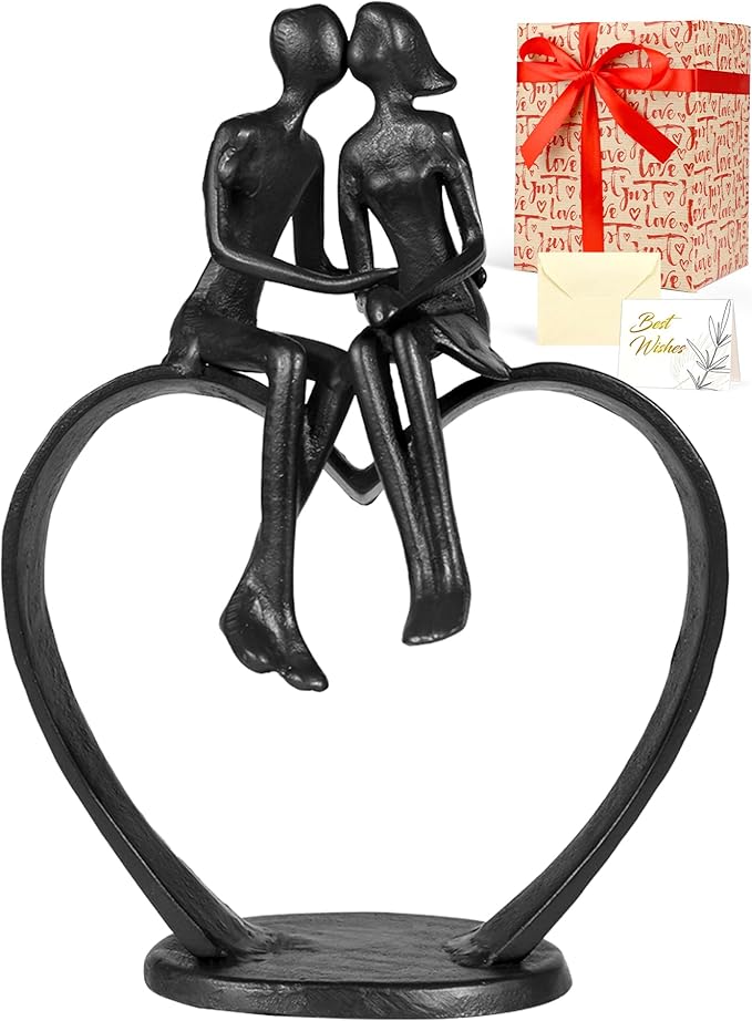 Gifts for Wife, Kissing Couple & Loving Heart Statue Cast Iron Sculpture Decor, Wedding Anniversary Birthday Gifts for Wife Women Girlfriend Her, Valentines Gift for Her