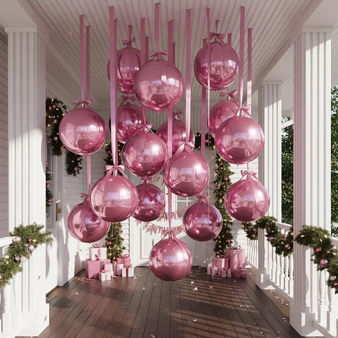 Jenaai 30 Set Valentine's Day Round Foil Balloons Bulk 22 Inch 4d Metallic Giant Balloons Set with Satin Bows Ribbon for Ceiling Holiday Ornaments New Year Birthday Wedding Party Decoration(Pink)