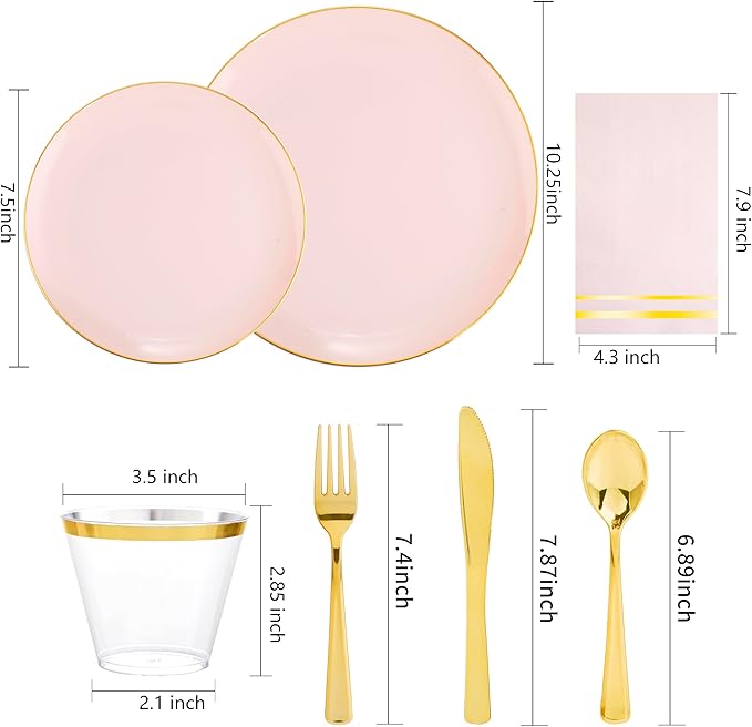 NOCCUR 350PCS Pink Plates Disposable - Pink Gold Plastic Dinnerware Set for 50 Guests Include 100 Dinner/Dessert Plates,150 Cutlery,50 Cups&50 Napkins - Ideal for Party/Wedding/Valentines Day