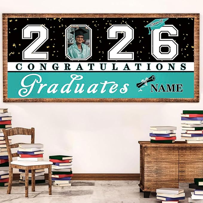 Custom Graduation Garage Door Banner Decoration 7x16ft with Photo Congrats Garage Door Cover 2026 Party Photo Booth Backdrop Party Supplies(Peacock Blue)