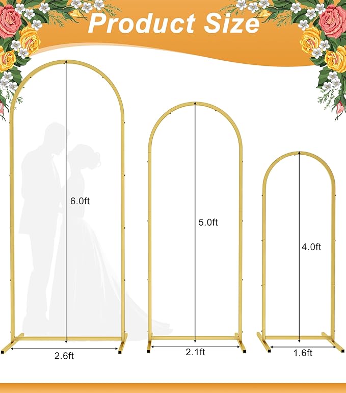 Wingedbird 3 Pack Gold Metal Arch Backdrop Stand – 4FT 5FT 6FT Balloon Arch Frame for Weddings, Easy Assembly, Indoor Outdoor Use, with Storage Bag, Durable Metal Construction