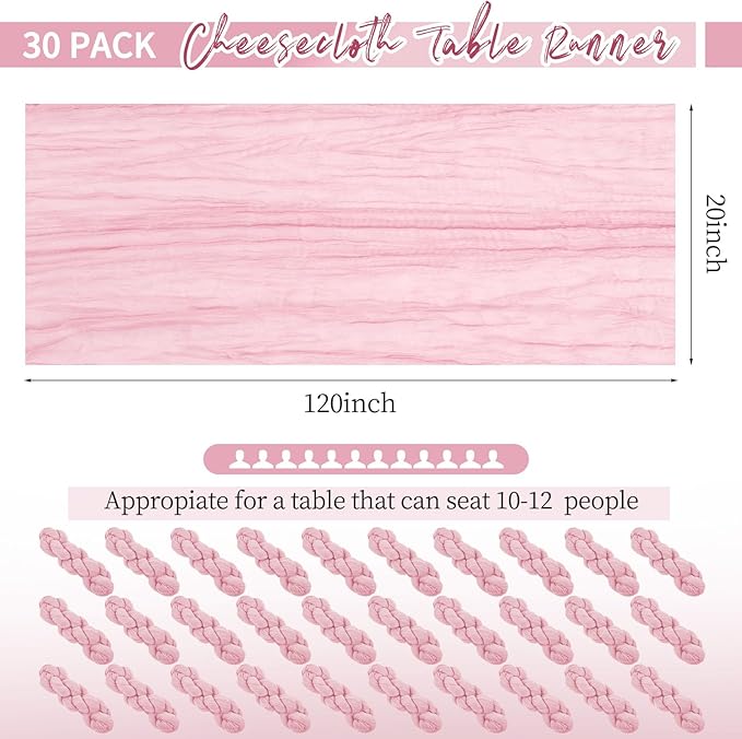 30 Pack Pink Table Runner 10Ft Cheesecloth Table Runner Boho Gauze Table Runner Long Cheese Cloth Table Runner Romantic Sheer Fabric Table Runners for Wedding Party Bridal Shower