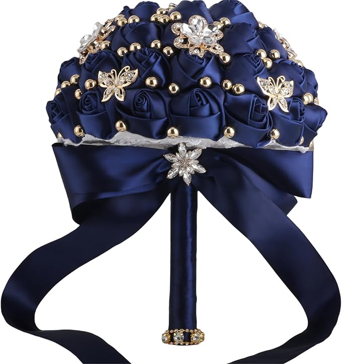 Bridal Wedding Bouquet for Bride Bridesmaid Wedding Quinceanera Throw Toss Artificial Rose Flower Bunch with Bling Brooch (66#Navy, Large (Dia. 9.8"/24cm))
