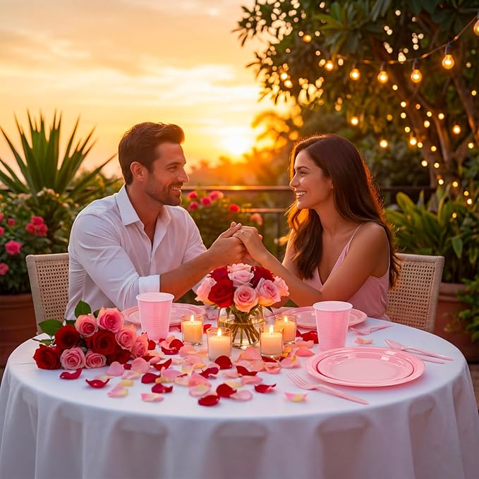 MirthMood 350pcs Pink Plates Disposable Including Pink Plastic Plates, 12OZ Cups, Plastic Cutlery and Napkins Serve 50 Guests for Spring Wedding,Birthday Party Dinner,Valentine's Day