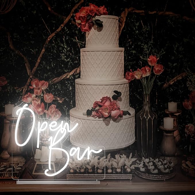 Open Bar Neon Sign Tabletop, Handmade White Wedding LED Neon Light with Stand for Wedding Reception, Engagement Anniversary Event Party Baby Bridal Shower Champagne Home Bar Table Sign - 15''