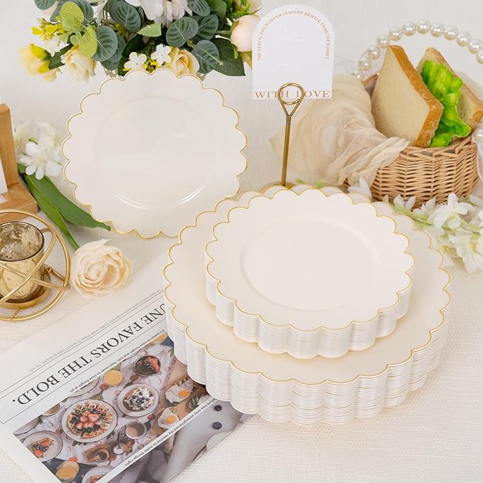 supernal 100pcs Ivory Plastic Plates,Gold Scalloped Disposable Plates,Heavy Duty Plastic Plate Including 50pcs Ivory Dinner & Dessert Plate,Fancy Disposable Platos Perfect for Party,Wedding,Birthday
