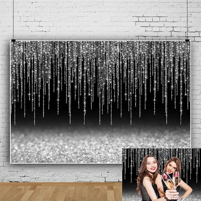 Black Silver Glitter Backdrop 12x8ft Graduation Birthday New Year Housewarming Retirement Party Background for Photography Theme Party Banner Studio Photo Booth Props