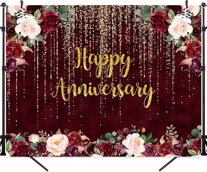 Happy Anniversary Decorations Backdrop Happy Anniversary Banner 10x8ft Gold Burgundy Wedding Commemorative Day Photography Background Couple Party Supplies Cake Table Decor