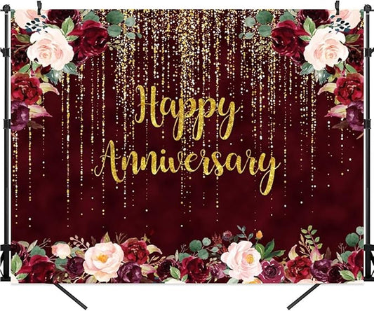 Happy Anniversary Decorations Backdrop Happy Anniversary Banner 10x8ft Gold Burgundy Wedding Commemorative Day Photography Background Couple Party Supplies Cake Table Decor