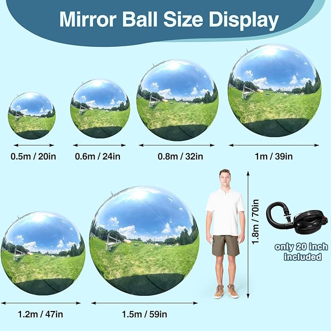 Silver Inflatable Mirror Ball, Big Shinny Mirror Balls Reusable Large PVC Disco Ball Balloon for Large Event Decoration, Party, Concerts, Stage, Wedding Decor, Without Air Pump(1 Pcs, 23.6in)