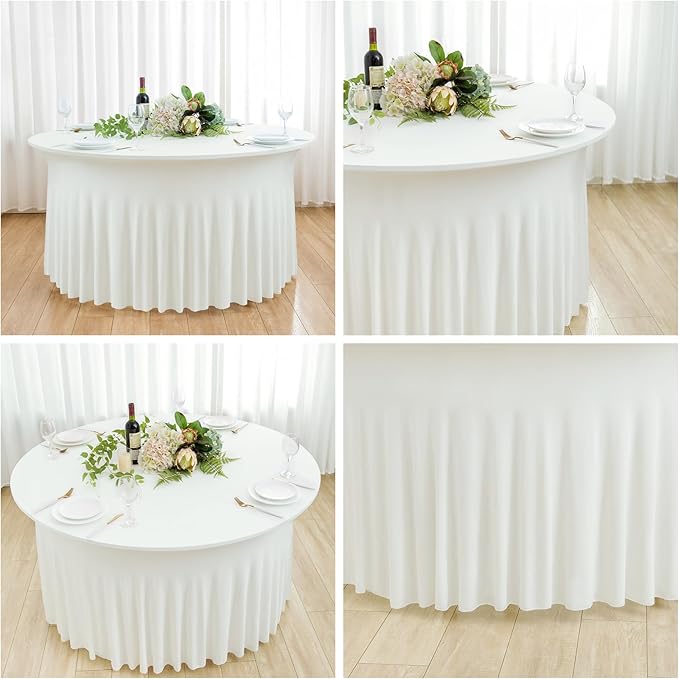 6 Pack Ivory Spandex Round Tablecloths for 60 inch Tables, Wrinkle Free Stretchy Fitted 120inch Round Table Covers 5FT with Ruffle Table Skirt for Wedding Party Dining Banquet Dinning