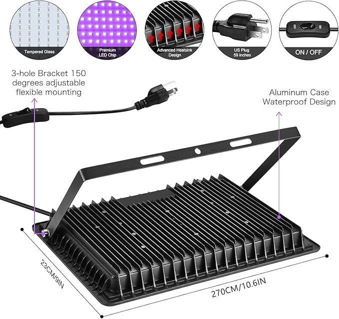 2 Pack 200W LED Black Lights Outdoor, Flood Light with Plug, 395nm to 410nm IP66 Waterproof for Dance Party, Glow in The Dark, Stage Lighting, Body Paint, Fluorescent Poster, Neon Glow