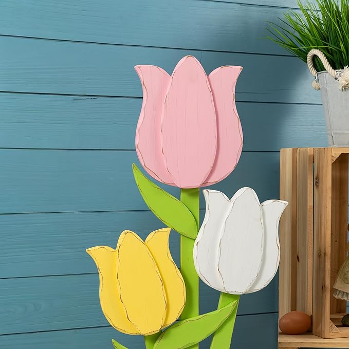 Glitzhome 30"H Easter Wooden Tulip Porch Decor,Standing Decorative Signs for Front Porch Farmhouse Outdoor Spring Easter Party Decor