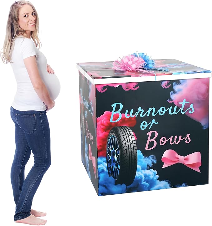 AmazingSpark 28in Jumbo Gender Reveal Gift Box Kit with Oversized Box Giant Pull Bows for Gender Reveal Baby Shower Birthday Party Decor(Burnouts or Bows)