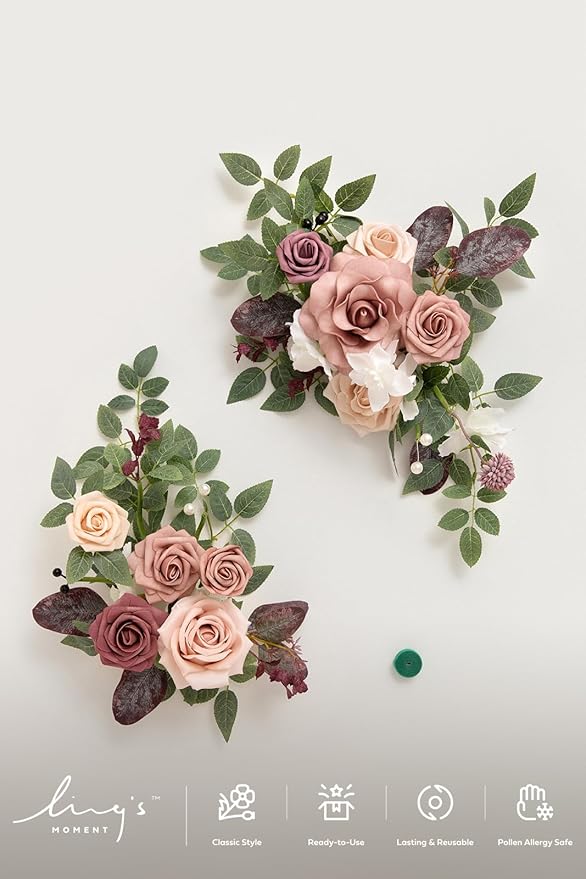 Ling's moment 2pcs Wedding Floral Swag Welcome Sign Artificial Flowers Backdrop Garland Dusty Rose & Mauve Ceremony Reception Wall Home Decorations Entryway Faux Outdoor Board Head Table Decor