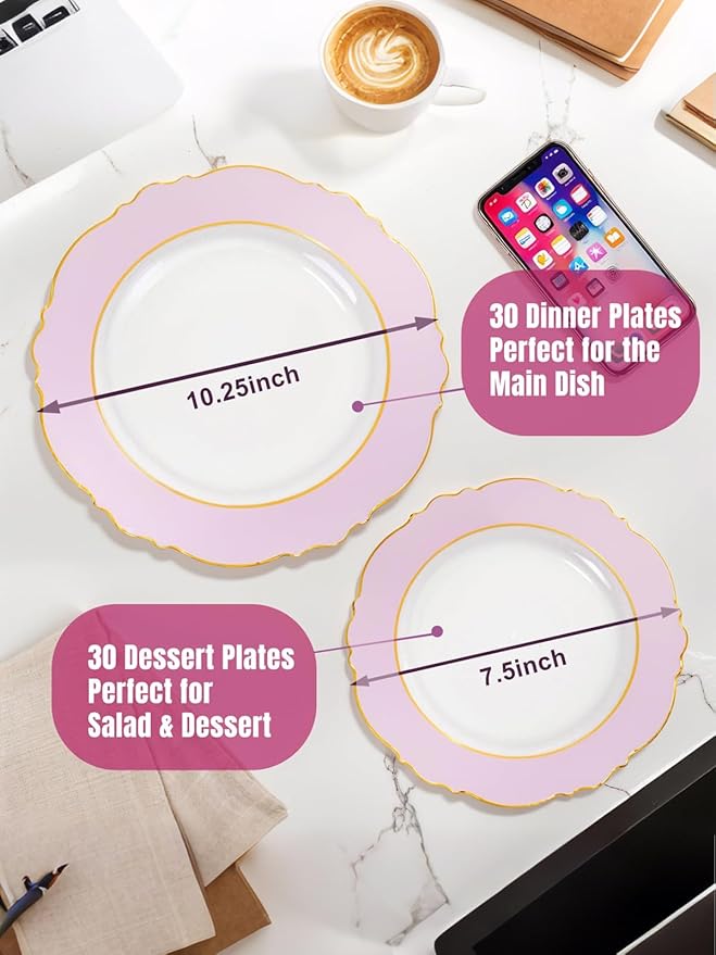 WDF 60Pcs Pink Plates Disposable with Gold Rim - Baroque Clear Pink and Gold Plastic Party Plates Ideal for Wedding, Valentine's Day