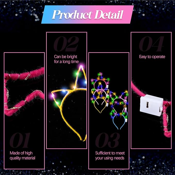 Xinnun 64 Pieces Light up Unicorn Ears Headband Neon LED Glow in Dark Cat Rabbit Ears Hairband for Women Adult Valentine's Day Mardi Gras Carnival Party Costume