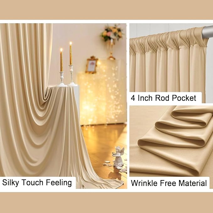 50 ft x 10 ft Wrinkle Free Champagne Backdrop Curtain for Parties, 10 Panels 10ft Polyester Champagne Photo Backdrop Drapes for Graduation Birthday Wedding Party Stage Curtains