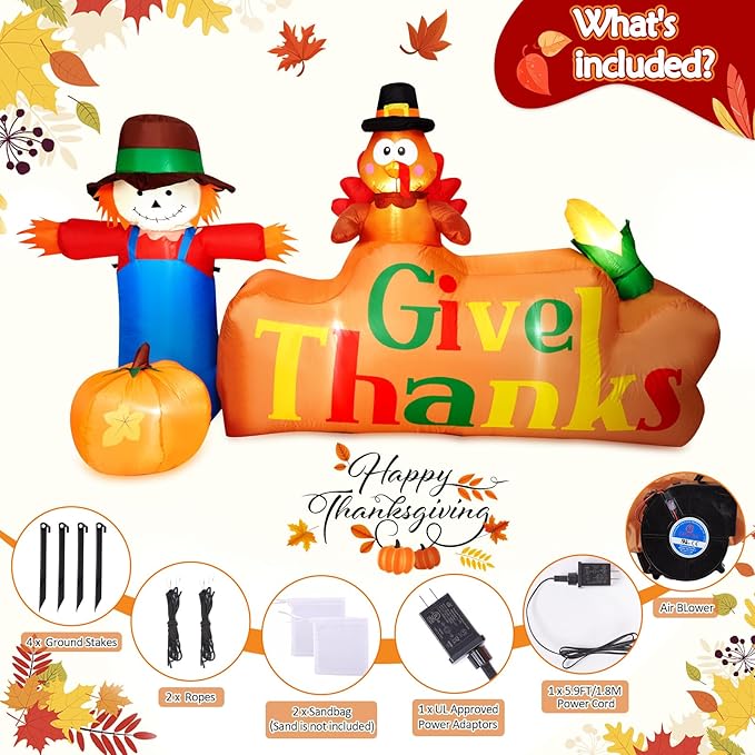 CAMULAND 8Ft Autumn Outdoor Built-in LED Inflatable Scarecrow and Turkey – Thanksgiving Inflatable Decorations Great for Home, Yard, Lawn – Warm Blow Up Décor for Fall Harvest Party