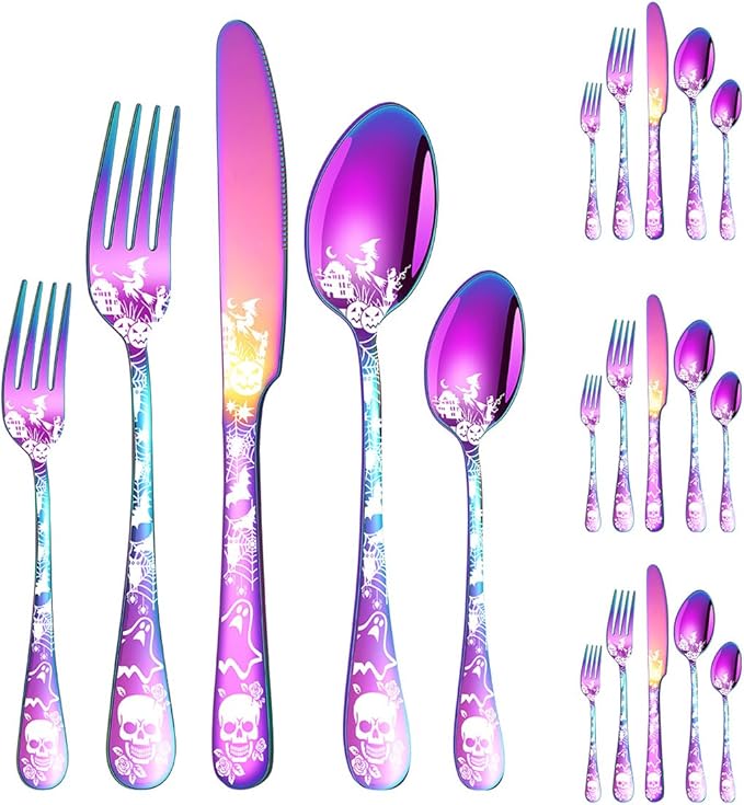 XIAOYU Halloween Themed Skeleton Silverware Set for 4, 20-Piece Stainless Steel Flatware Set, Gothic Skeleton Pattern Decorative Cutlery Set, Halloween Easter and Christmas Tableware, Rainbow