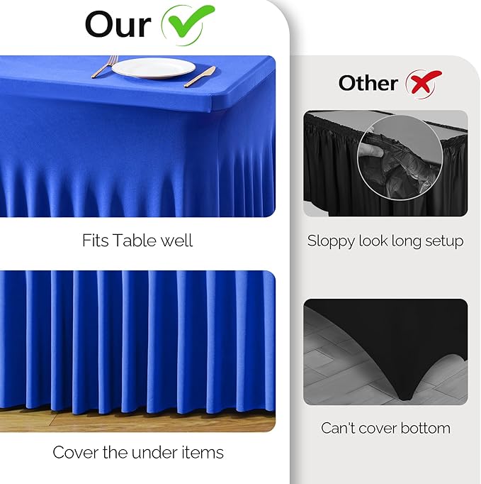 Wish Care 6 Pack Royal Blue Spandex Table Clothes for 8 Foot Rectangle Tables, 8FT Wrinkle Free Fitted Tablecloths Ruffles Design Table Cloth for Party, Banquet, Wedding and Events