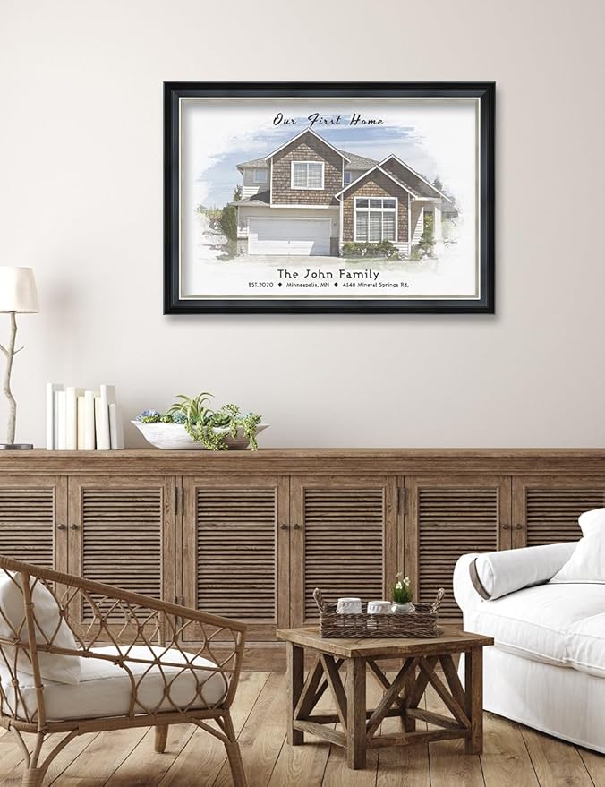 IPIC - Custom Watercolor House Portrait. Personalized Framed Artwork Housewarming Gift Customized Giclee Prints, Custom Giclee Print Includes Names and the Special Date. Framed size: 33.25 x 23.25