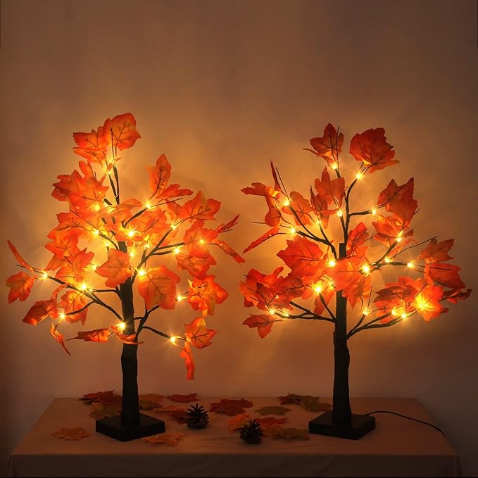 4Pcs Fall Lighted Maple Tree Decor 2FT96LED USB&Battery Operated Artificial Autumn Light up Trees Lights for Harvest Thanksgiving Decorations Tree Lights Table Light House Party Indoor Room Home Deco