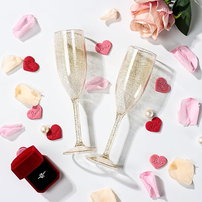 XUWAIDSGN 24 Pcs Reusable Champagne Flutes Plastic Wine Glasses Bulk Vintage Champagne Flutes Mimosa Bar Glasses Stemmed Drinking Cups 5.4OZ for Christmas Birthday Wedding Bride