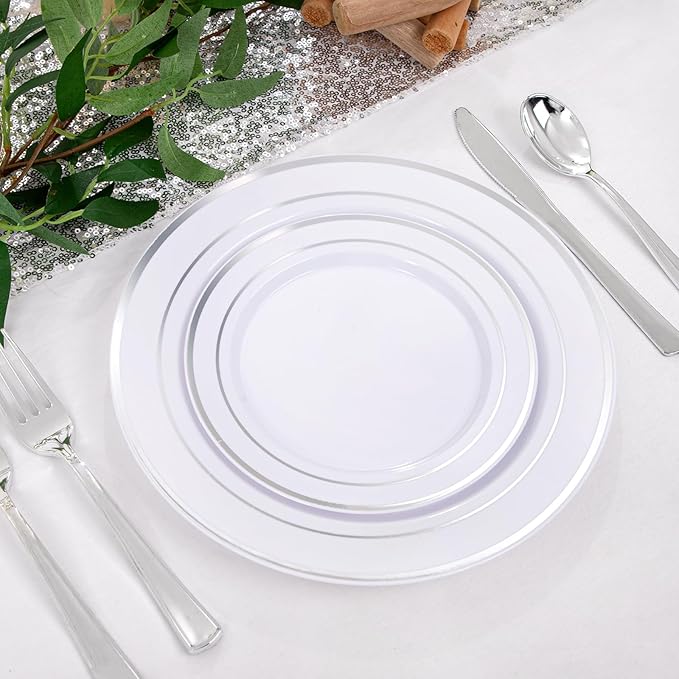I00000 600pcs Silver Dinnerware Set for 100 Guests, Silver Plastic Plates Plastic Silverware Set of 100 Dinner Plates, 100 Salad Plates, 200 Forks, 100 Spoons,100 Knives for Party & Wedding