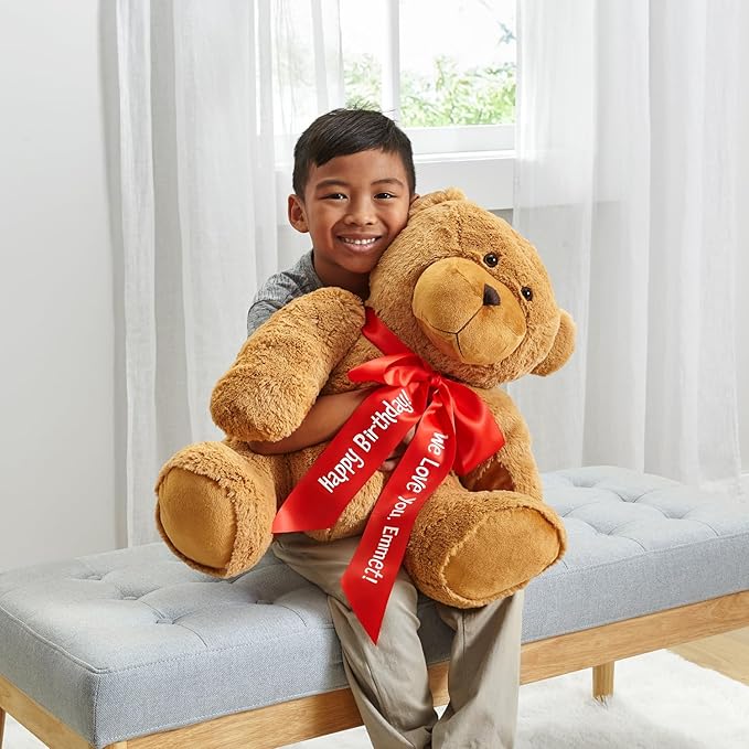 Let's Make Memories Personalized Teddy Bear - 27" Tall Plush Stuffed Animal for Her Him Kids - Valentines Day - Birthday - Love - Custom Message or Names - Bear with Red Satin Ribbon - Oversized