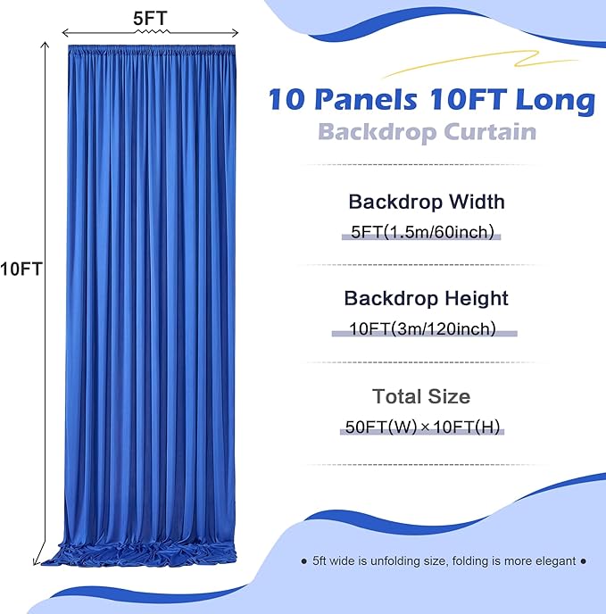 50ft×10ft Royal Blue Wrinkle Free Backdrop Curtain for Parties, 10 Panels 5×10ft Soft Silky Polyester Blue Photo Backdrop Drapes for Boss Baby Birthday Wedding Photography Background