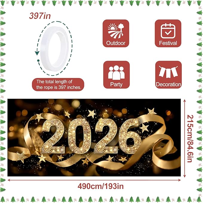 2026 New Year Garage Door Banner 7x16FT, Gold Glitter 2026 Garage Door Cover, Large Outdoor Happy New Year Decoration Backdrop for Garage Doors, Fence, Yard Party