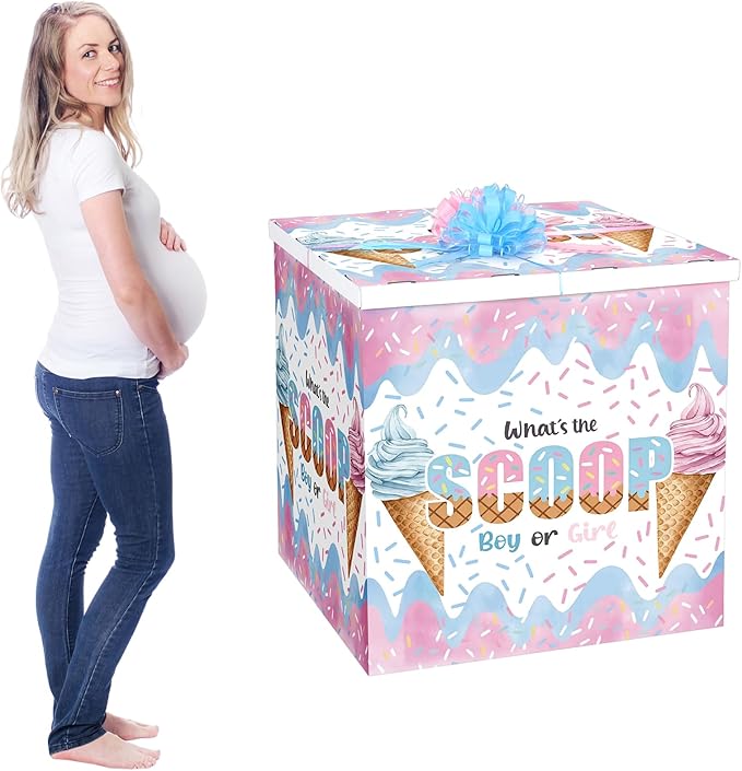 AmazingSpark 28in Jumbo Gender Reveal Gift Box Kit with Oversized Box Giant Pull Bows for Gender Reveal Baby Shower Birthday Party Decor(What's the Scoop)