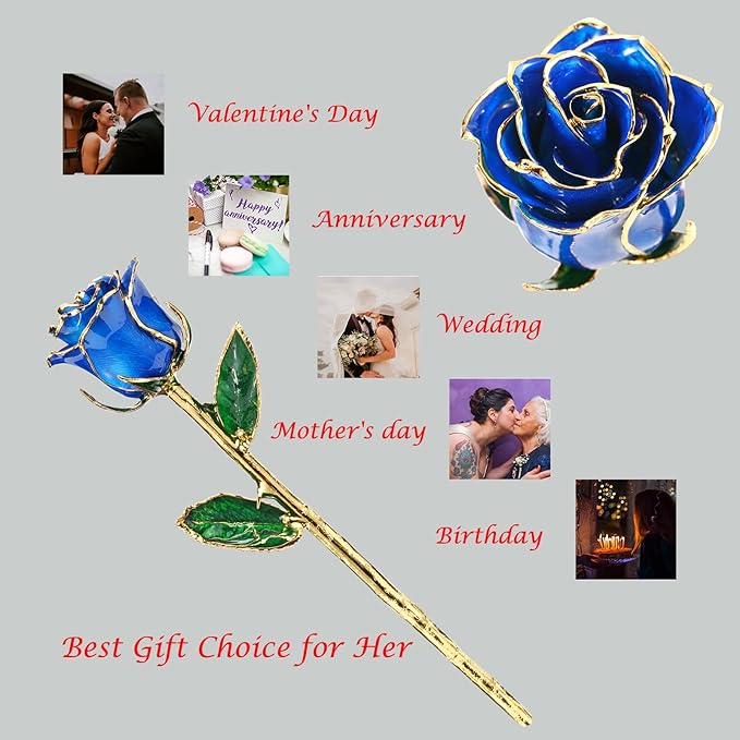 24K Gold Rose, Dipped Rose is Attractive Luster and Natural Shape, Best Gifts for Anniversary Wedding Valentines Day (Blue Original Rose with Stand)