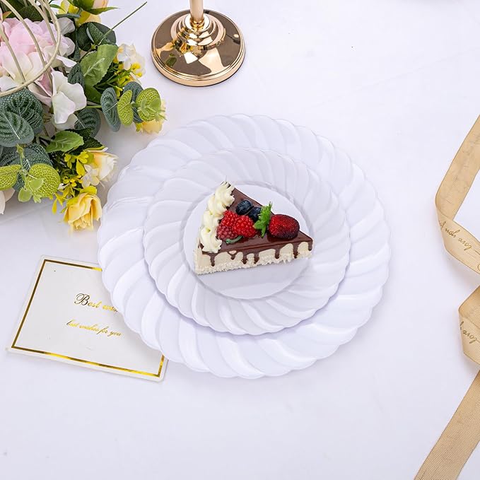 U-QE 100 Pieces White Plastic Plates - Premium White Disposable Plates for Wedding and Party Use Including 50PCS 9 '' Dinner Plate & 50PCS 6.5 '' Dessert Plate