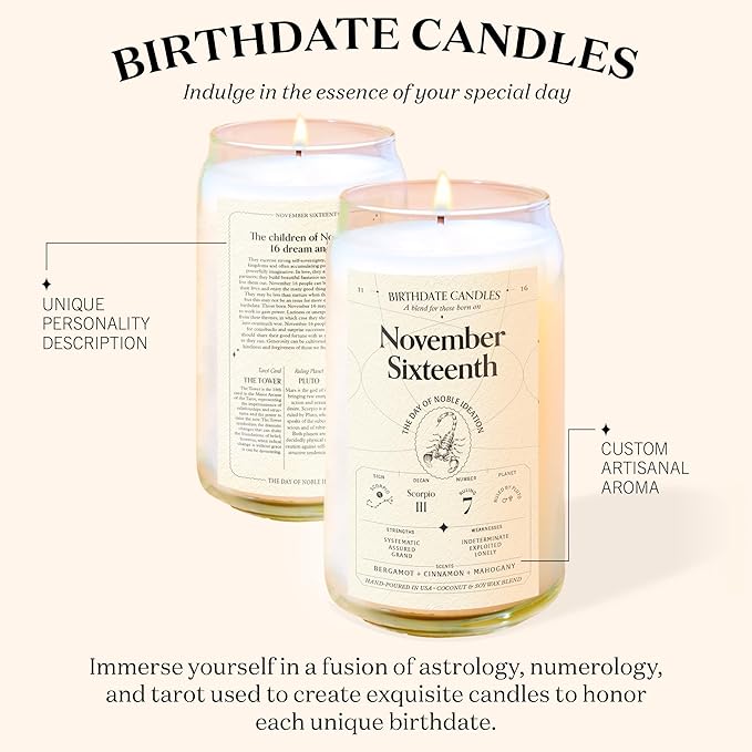 Birthdate Candles, November 16 - Scorpio Zodiac Scented Candles Birthday Gift - Bergamot, Cinnamon & Mahogany Scent - All-Natural Soy & Coconut Wax, 60-80 Hour Burn Time - Made in USA