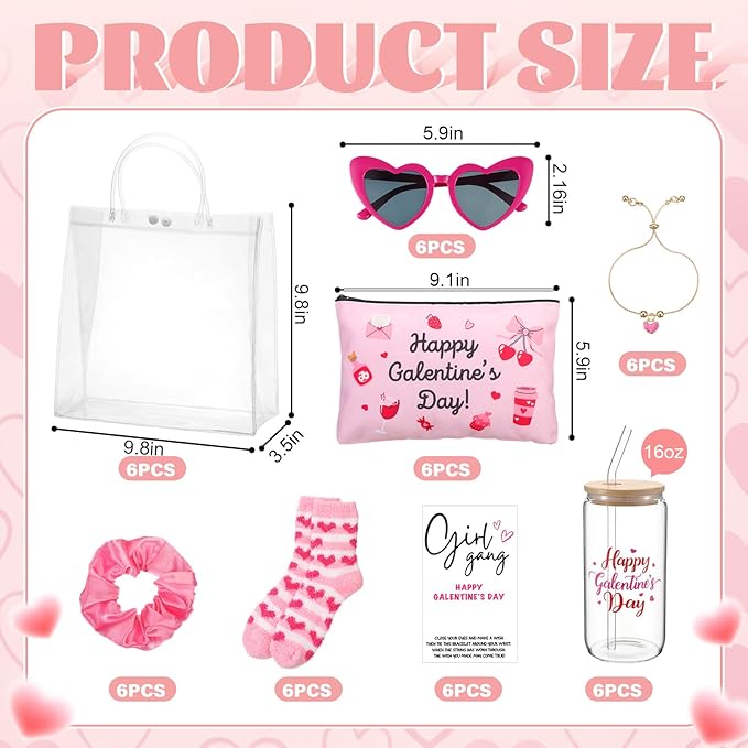 Zeyune 42 Pcs Galentines Day Gifts Valentines Gifts 6 Sets,Include Socks Glass Cup Friendship Bracelet Card Makeup Bag Heart Glasses Pink Scrunchies and Tote Bag for Women Friend Party Favors