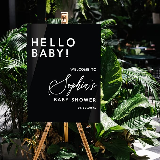 Andaz Press 16"x20" Black Acrylic Personalized Baby Shower Welcome Sign, Gender Neutral Large Custom Sign for Easel Stand, Hello Baby Shower Decorations