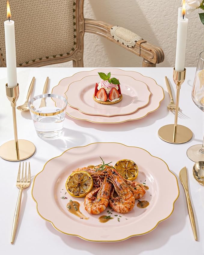 bUCLA 180PCS Pink Plastic Plates - Pink with Gold Rim Disposable for Party Include 30 Each (Dinner & Dessert) Plates, 30 Knives, 30 Forks, 30 Spoons, 30 Cups for Wedding, Birthday & Shower
