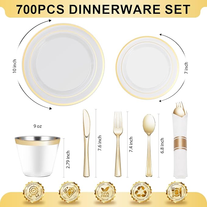 BESTVIP 700PCS Clear Gold Plastic Dinnerware Set for 100 Guests, Disposable Party Plate for Christmas and New Year, Include: 200 Plastic Plates, 100 Pre Rolled Napkins with Silverware, 100 Cups