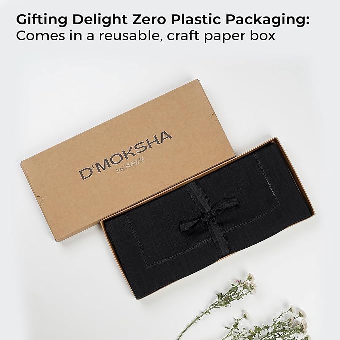D'Moksha Homes Linen Black Table Runner 132 Inches Long - 100% Pure Linen Extra Long Table Runner 14 x 132 Inch for Spring, Easter - Classic Hemstitch
