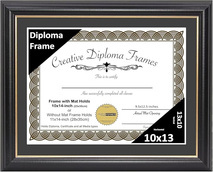 Creative Picture Frames 10" x 13" Rockefeller Black with Gold Rim Diploma Frame, Displays 10" x 13" Certificate or 11" x 14" Document without Mat, College Degree Frame, Full-Strength Glass, Black Mat