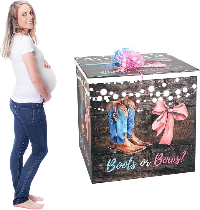 AmazingSpark 28in Jumbo Gender Reveal Gift Box Kit with Oversized Box Giant Pull Bows for Gender Reveal Baby Shower Birthday Party Decor(Boots or Bows)